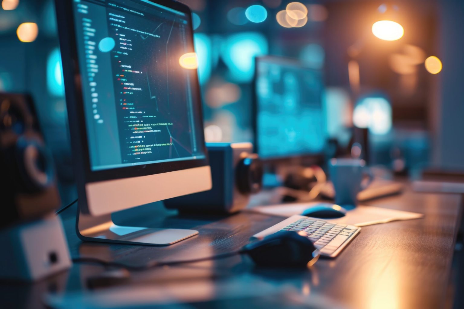 Arbeitsplatz mit Monitoren und Programmcode in einem Agenturbüro
