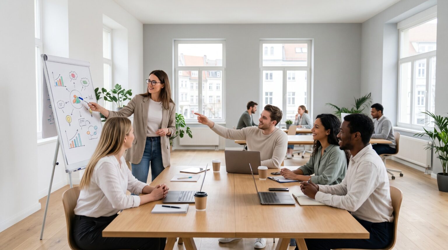 KI-generiertes Bild: Team in einem hellen Büro bespricht am Flipchart Ideen und Kennzahlen