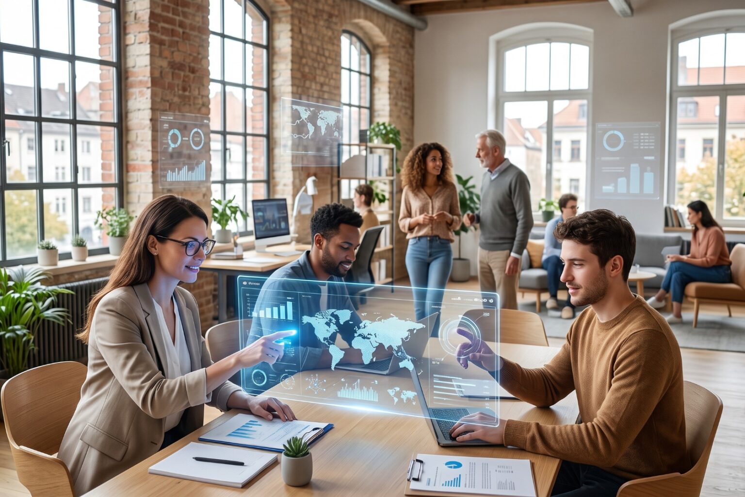 KI-generiertes Bild: Team in einem hellen Altbau-Büro arbeitet gemeinsam an holografischen Datenanzeigen
