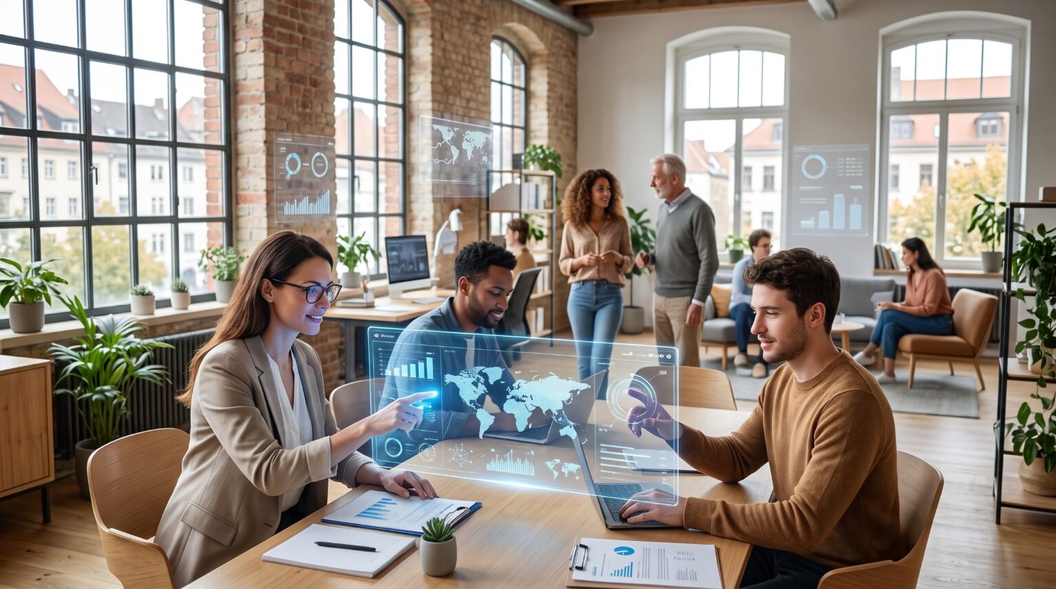 KI-generiertes Bild: Team in einem hellen Altbau-Büro arbeitet gemeinsam an holografischen Datenanzeigen
